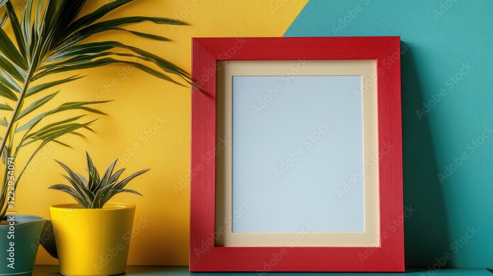 Poster colorful a4 mockup in wooden frame with blank space for custom text surrounded by plants on vibrant 