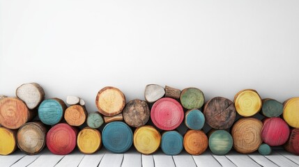 Colorful Stacked Wooden Logs Against a White Wall Providing Empty Space for Creative Text or Graphic Overlays