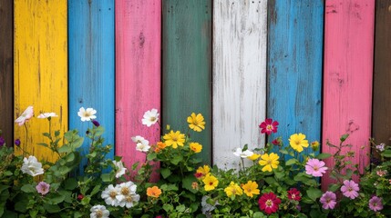 Vibrant Wooden Pallet Fence Surrounded by Colorful Flowers with Space for Text and Design Elements