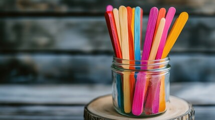 Colorful wooden ice cream sticks in a jar on a wooden stand with empty space for creative craft project ideas and text placement.