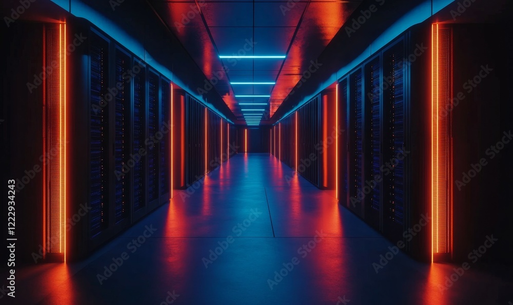 Poster modern data center featuring rows of server racks illuminated by vibrant blue and orange lights, cre