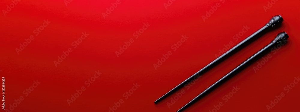Poster double magic wand isolated on vibrant red background with ample empty space for creative text placem