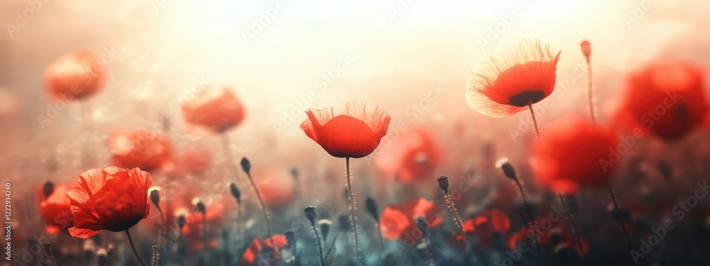 Poster dreamy soft focus flower field with poppies and spacious background for text or design elements