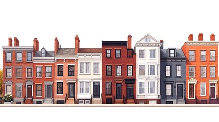 Fototapeta premium a row of colorful historic townhouses with ornate details and varying architectural styles, showcasing unique features such as bay windows and gabled roofs.