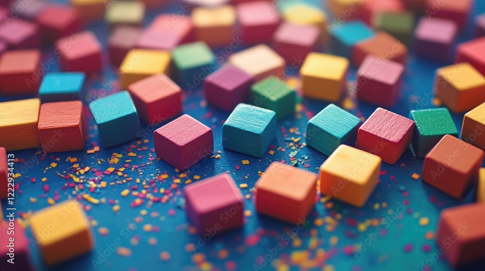Poster colorful wooden blocks scattered on a vibrant table background with ample empty space for text or cr