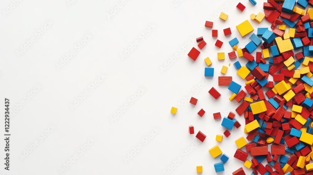 Poster colorful wooden building blocks arranged chaotically on a white background with blank space for crea