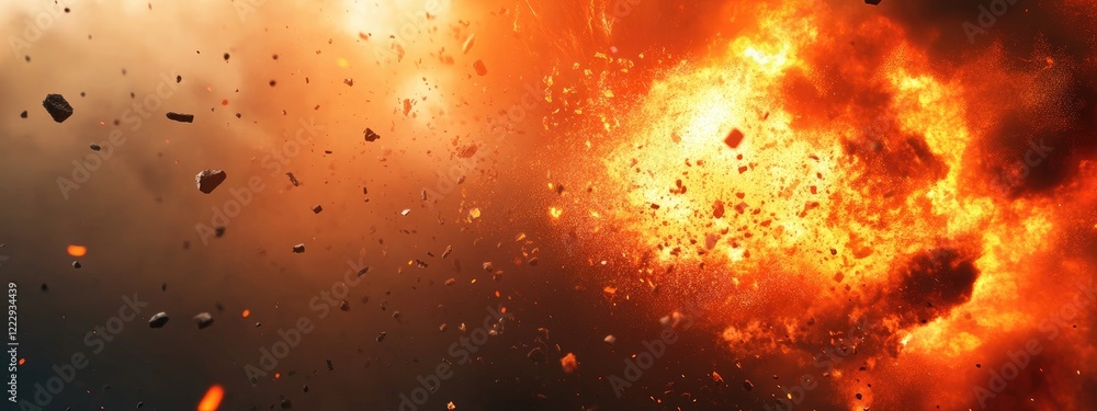 Poster dramatic fiery explosion with dynamic debris against a dark background offering ample space for text