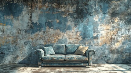 A Blue Couch Sitting in Front of a Grungy Wall.