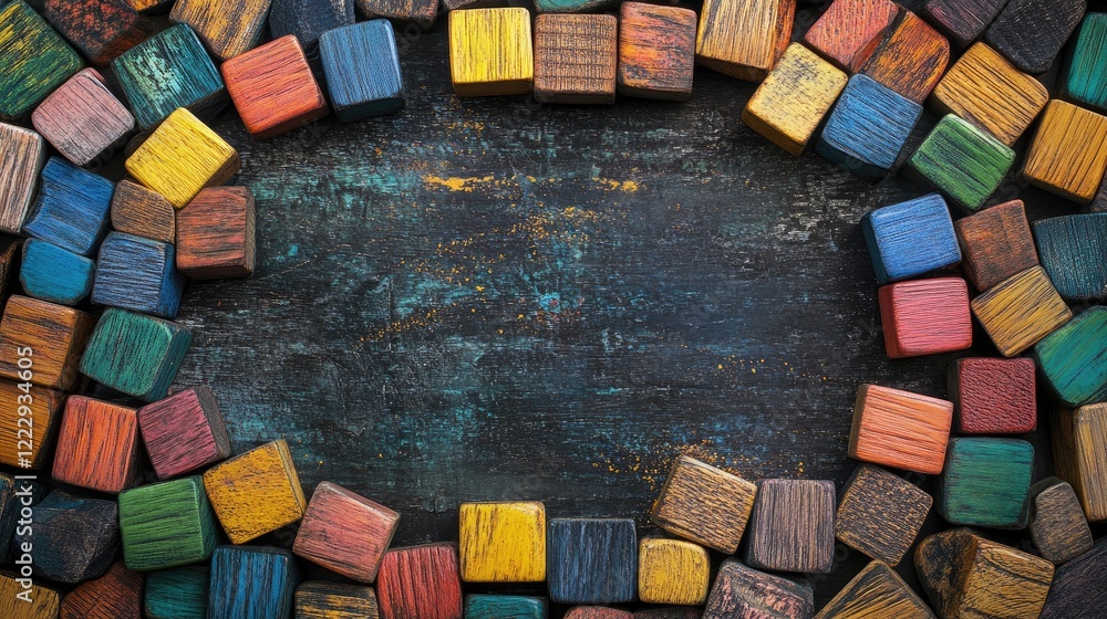 Aufkleber colorful wooden blocks arranged in a frame with a dark background providing ample space for text or 
