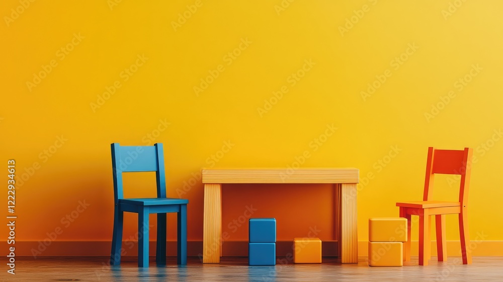 Aufkleber colorful wooden chairs and blocks on table with bright yellow background and empty space for creativ