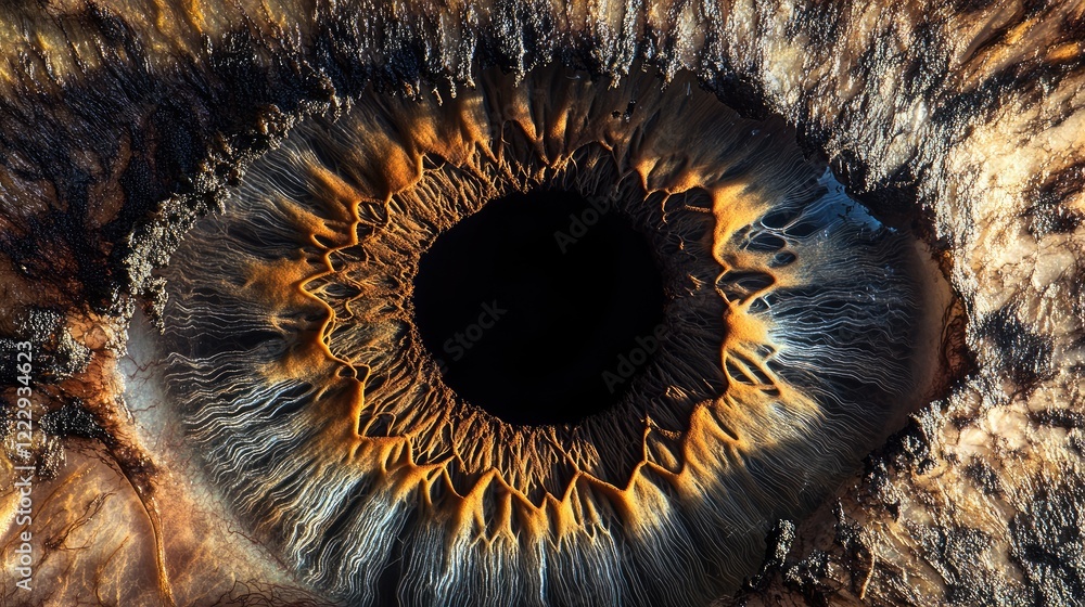 Poster macro photography of a human eye highlighting intricate iris patterns with negative space for text i