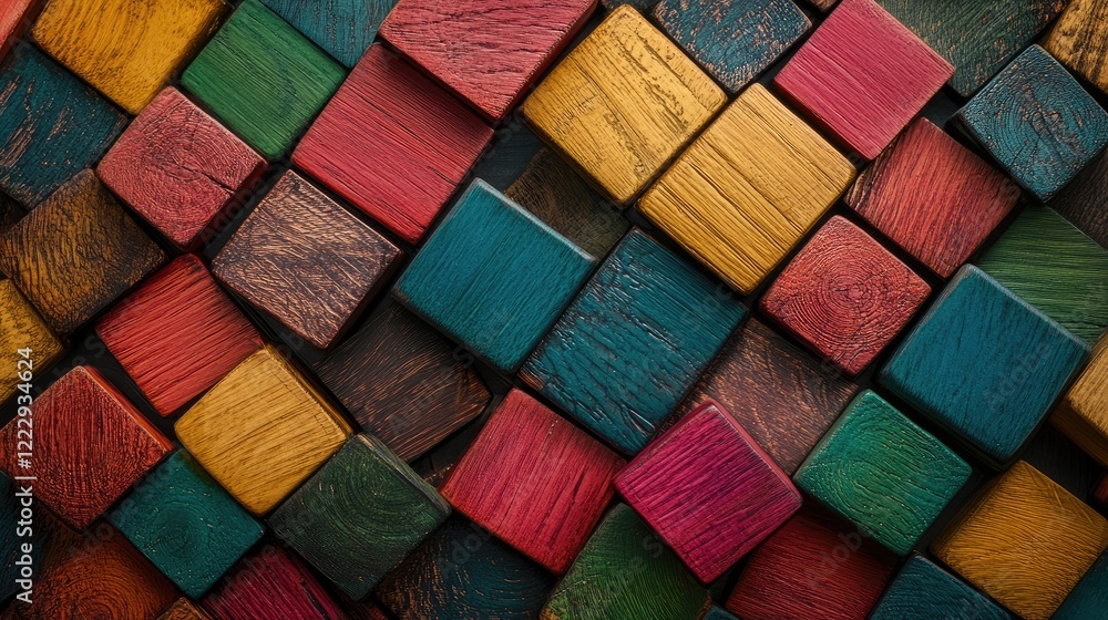 Aufkleber vibrant wooden blocks arranged in a chaotic pattern with ample negative space for creative text plac