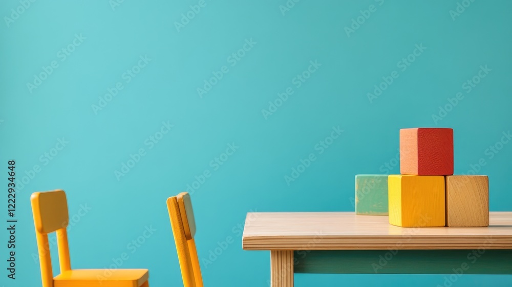 Aufkleber colorful wooden blocks and chairs on table with bright blue background and empty copy space for text