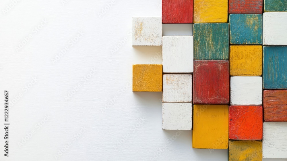 Poster colorful wooden alphabet blocks arranged on white background with copy space for text and creative d