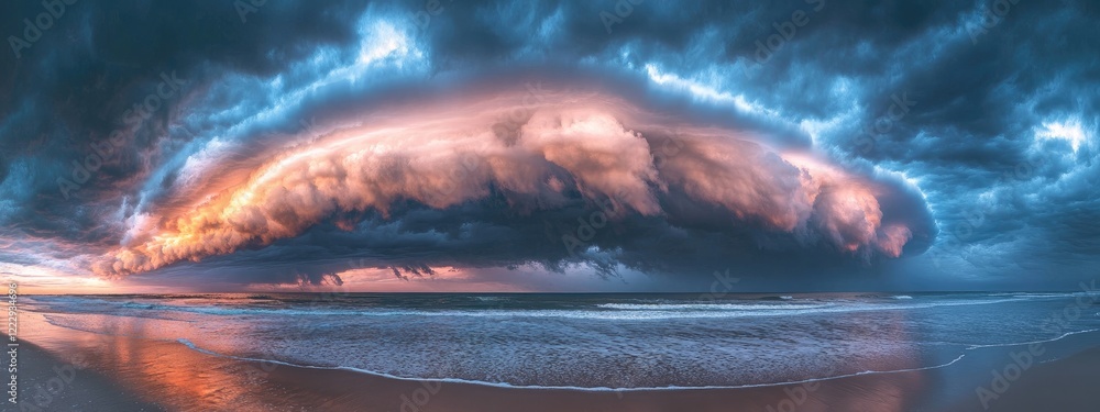 Poster dramatic sunset cloudscape over ocean with soft light and reflection offering empty space for text o