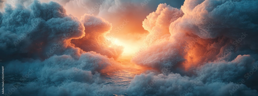 Poster vibrant sunset over ocean horizon with dramatic clouds creating a stunning backdrop and empty space 