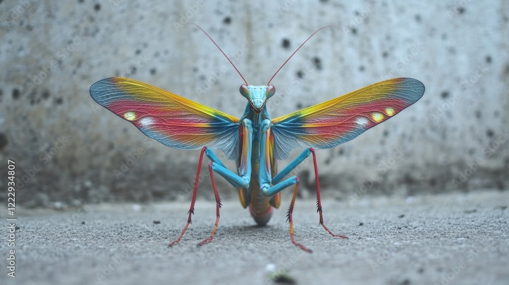 Poster Vibrant Winged Mantis Displaying Confidence on Textured Concrete with Ample Space for Custom Branding or Messaging