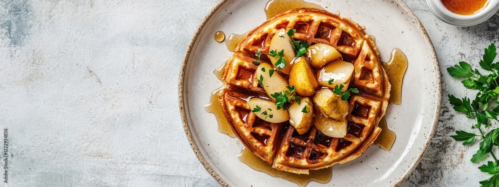 Poster dreamy pear waffle topped with honey and fruit arranged on a plate with ample space for text or bran