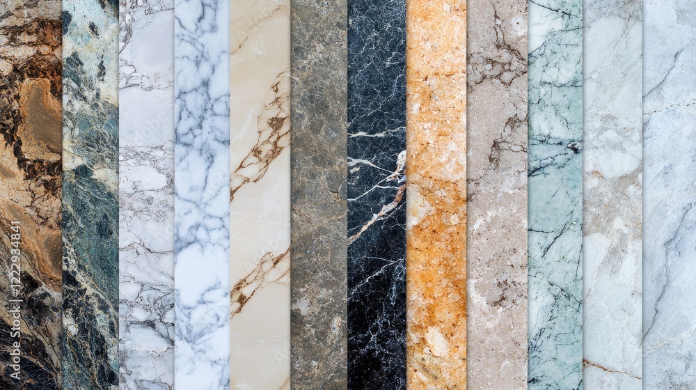 Poster textured marble and stone surfaces in various colors top view with blank space for custom text or de