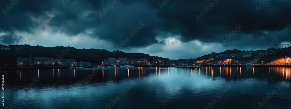 Aufkleber dramatic dusk landscape with dark clouds reflecting on calm water creating an atmospheric scene for 
