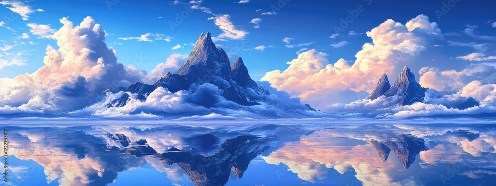Poster majestic mountain peaks reflected in serene clouds with clear space for text addition