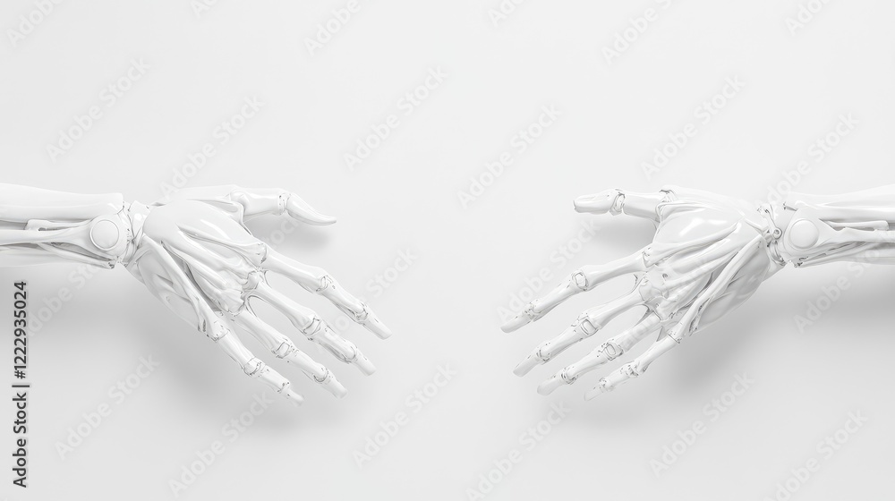 Poster robotic hands reaching out on white background with space for text in futuristic technology concept 