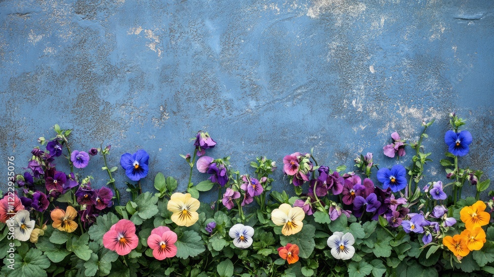 Poster vibrant pansies and wildflowers against a textured blue background with space for adding custom text