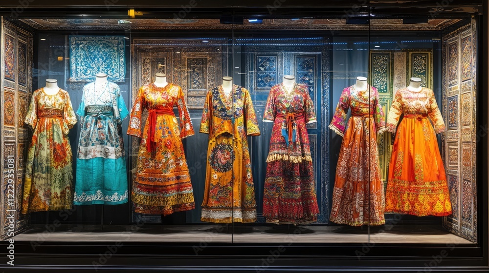 Poster traditional ethnic garments showcased in vibrant window display with ample space for custom text or 