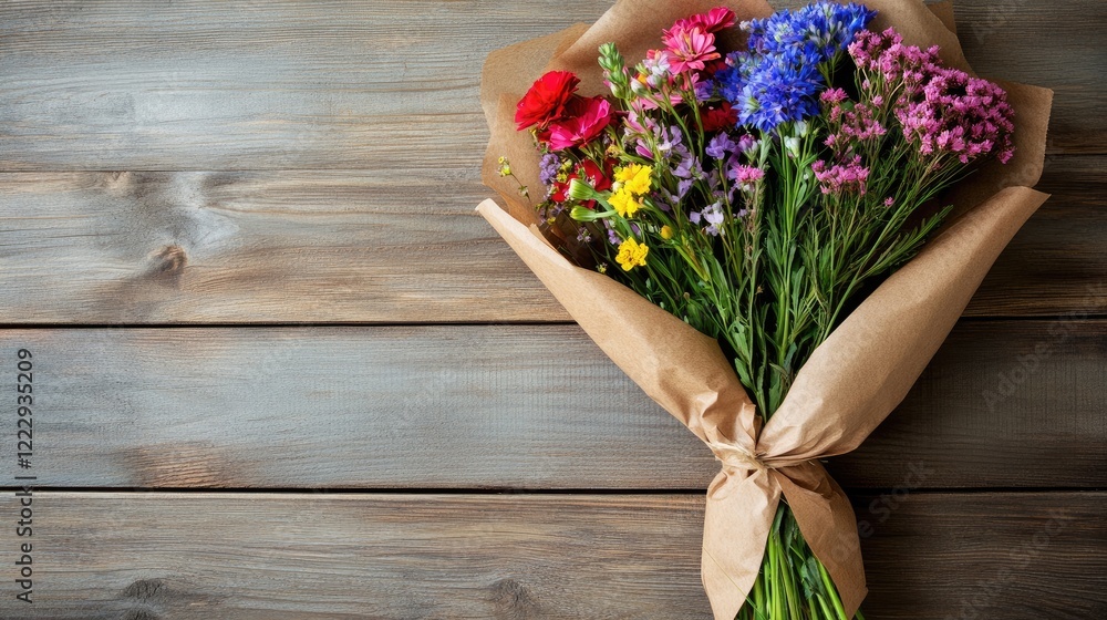 Poster colorful wildflower bouquet wrapped in brown paper on rustic wooden table with empty space for text 
