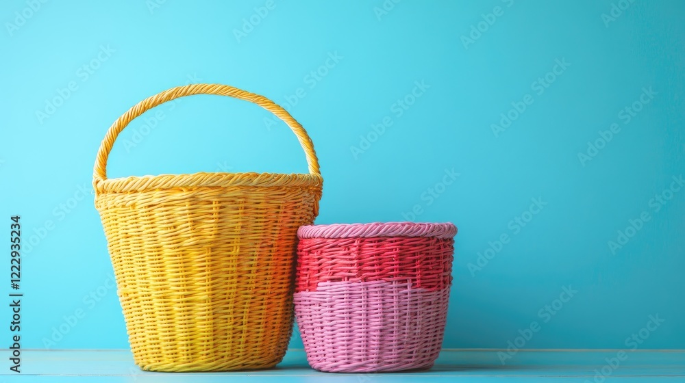 Poster colorful wicker laundry baskets for storage with handles against a bright blue background and empty 