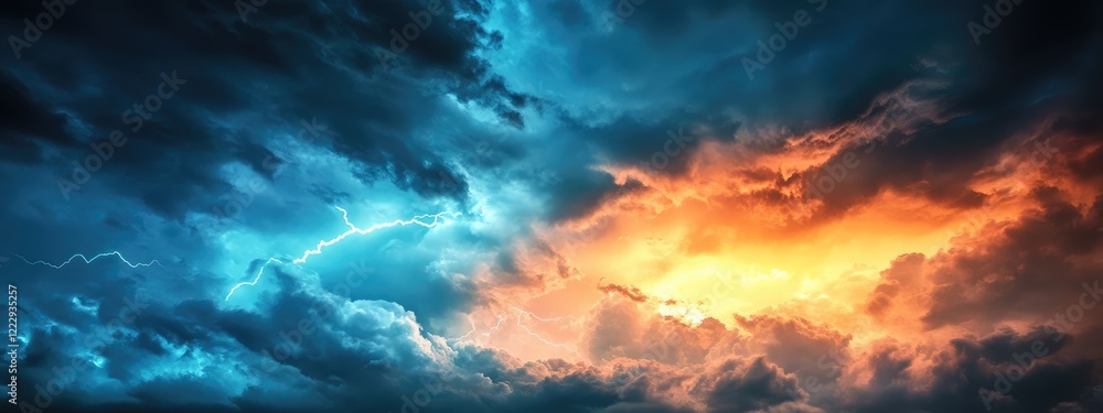 Poster dramatic lightning storm over colorful clouds with clear space for text or messages