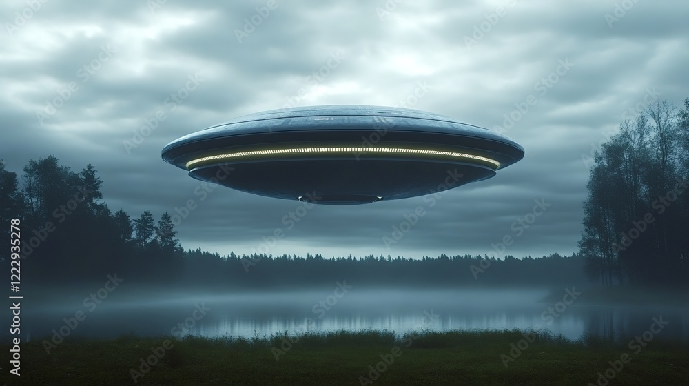 Poster large, classic-shaped ufo hovering over a misty lake with a dramatic cloudy sky and a forest in the 