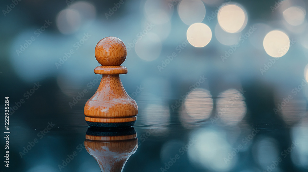 Poster Wooden chess pawn with reflection on dark surface and bokeh background
