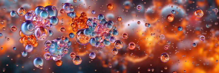 Molecular nano structure. Nanoparticles, molecules, atoms. 3D micro particles. Bio science, chemistry, cell biotechnology, pharmaceuticals, medical technology, collagen serum essence, beauty products