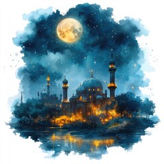 Enchanting night scene of a majestic palace by the water, illuminated under a full moon with stars