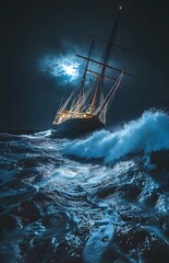 Obraz premium Gallant Ship Braving Tumultuous Midnight Sea in Stormy Seascape