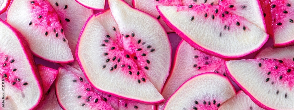 Poster dragon fruit slices close-up textured background with space for copy and design elements