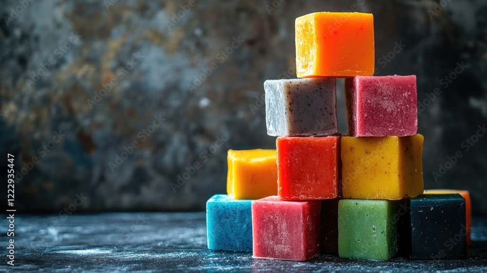 Poster colorful stack of wax cubes for soap making with blank space for custom text or branding use