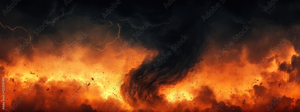 Poster intense dark storm clouds swirling above an orange and black sky creating a dramatic weather backdro