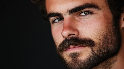 Obraz premium Close up portrait of a rugged man showcasing a thick brown mustache and beard with ample empty space for text or branding purposes