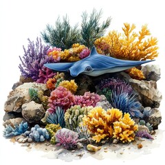 Colorful underwater scene featuring a stingray amidst vibrant coral reefs and diverse marine life