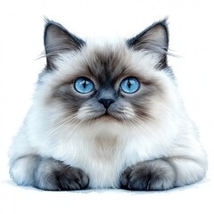 A fluffy cat with striking blue eyes rests calmly, showcasing its soft fur and serene expression