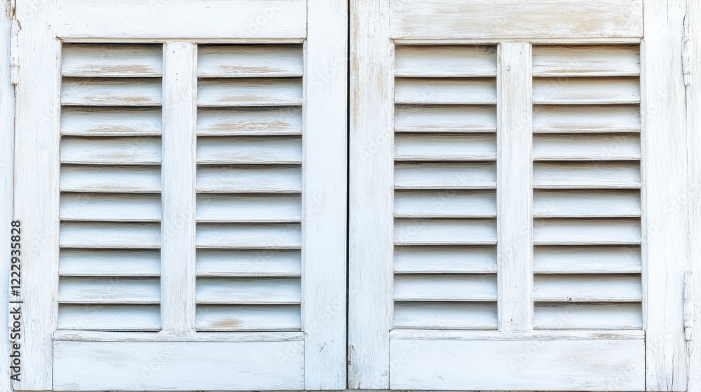 Poster detail of weathered louvered wooden door showcasing aged whitewash texture perfect for adding custom