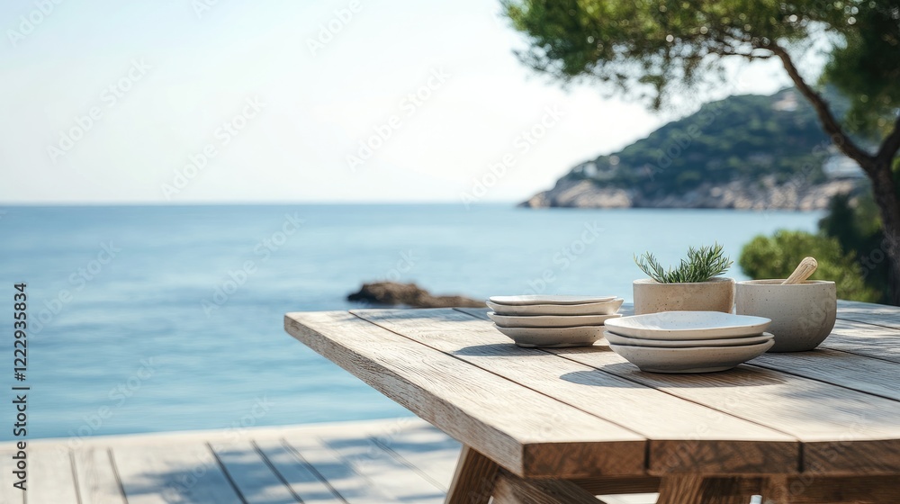 Poster serene wooden table setting on seaside terrace with empty space for text and scenic ocean view in th