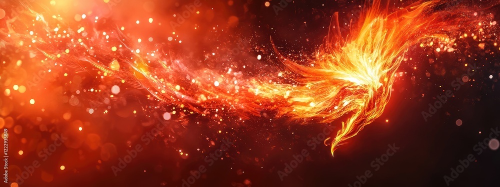 Poster radiant phoenix rising from flames with bokeh effect and space for text in a dramatic and inspiratio