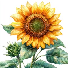 Vibrant sunflower in full bloom with lush green leaves, showcasing natural beauty against a clean background