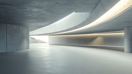 Modern underground parking garage interior with smooth curves and ambient lighting creating an empty space for potential text or design elements
