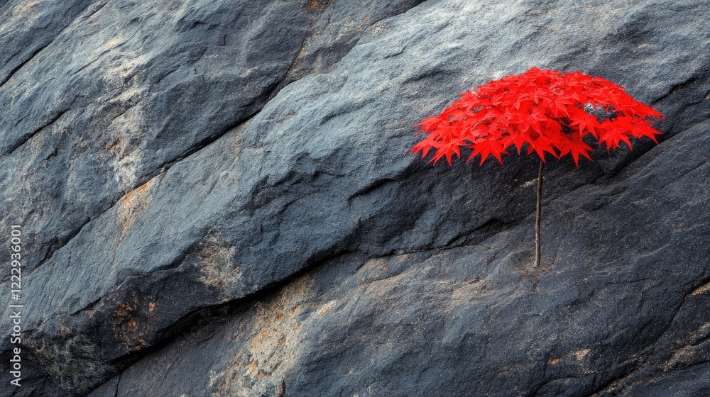 Poster red umbrella tree on granite rock surface showcasing vibrant natural colors with ample empty space f
