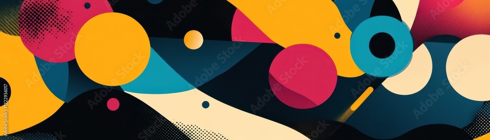 Poster a vibrant abstract design featuring colorful circles and dynamic shapes against a dark background, c