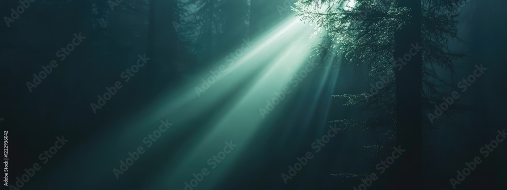 Poster mysterious forest scene with dramatic light rays illuminating dark surroundings and ample space for 